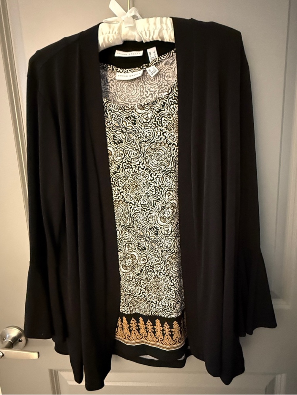 Susan Graver Black Open-Front Cardigan with Black-and-Cream Patterned Inset